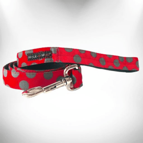 Polka Dot Dog Leads (Color: Grey Dot on Red, size: THIN Lead 5/8" width- 5' length)